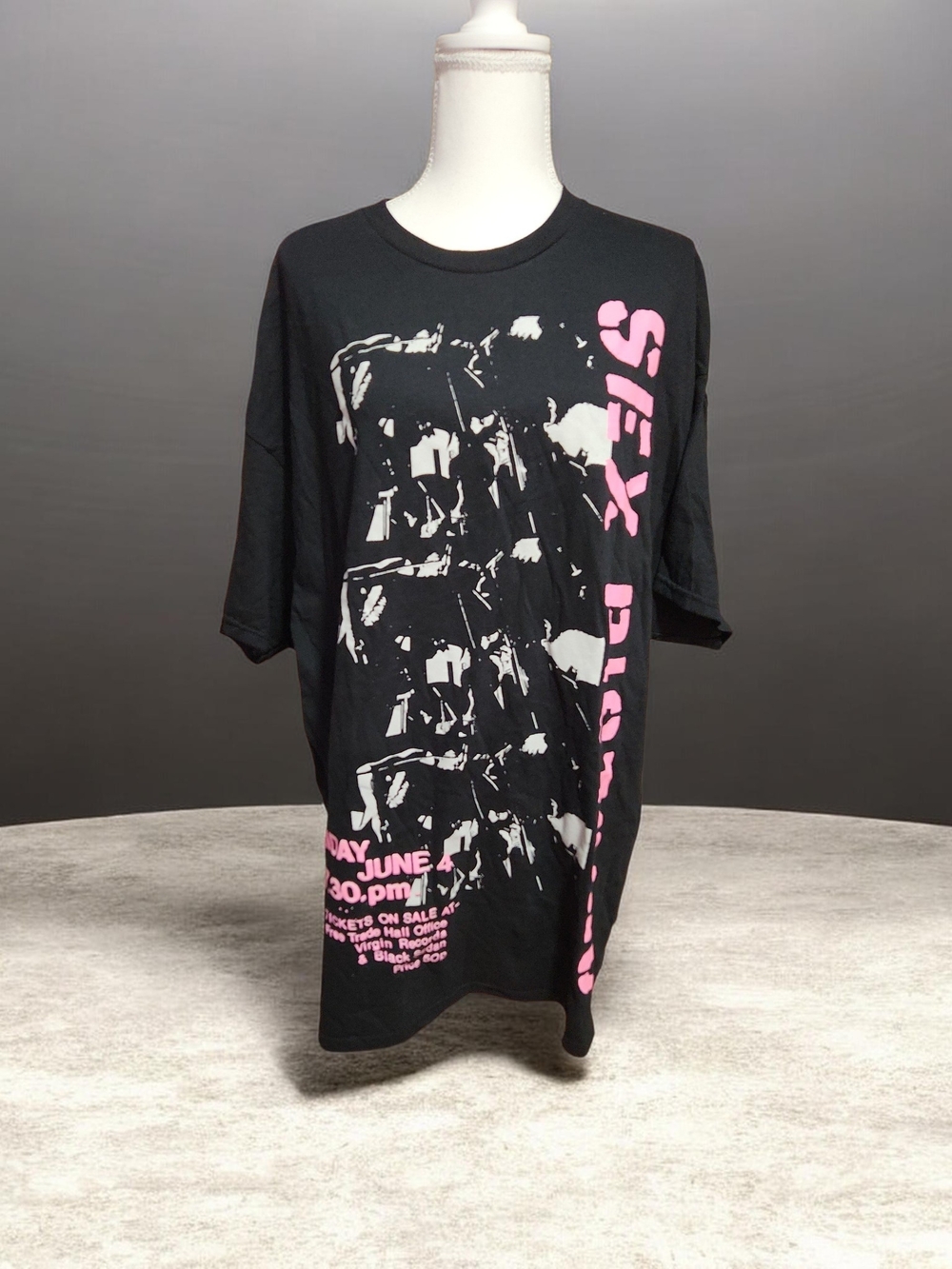 Black Graphic Tee with Pink Vertical Band Print
